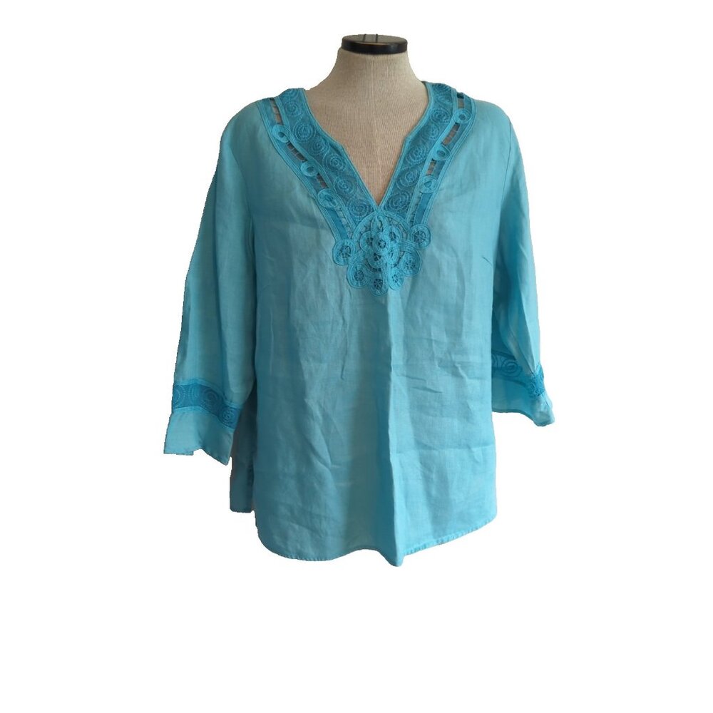 Silk Land Woman 100% Linen Top Tunic Turquoise Crochet Mesh Trim Size 1X-lp43 - Picture 2 of 11